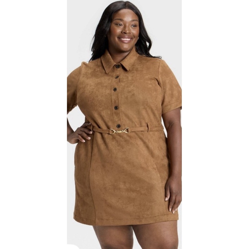 Women's Ava & Viv Short Sleeve Faux Suede Mini Dress Tan 2XL